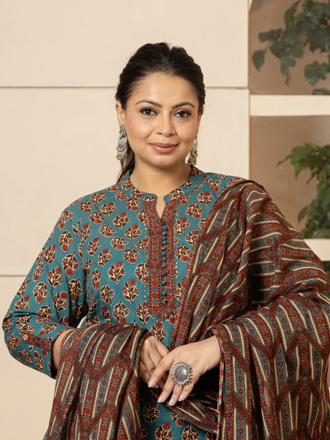 Yufta Floral Print Teal Blue Cotton Plus Size Kurta Set With Dupatta Set | Grocsy