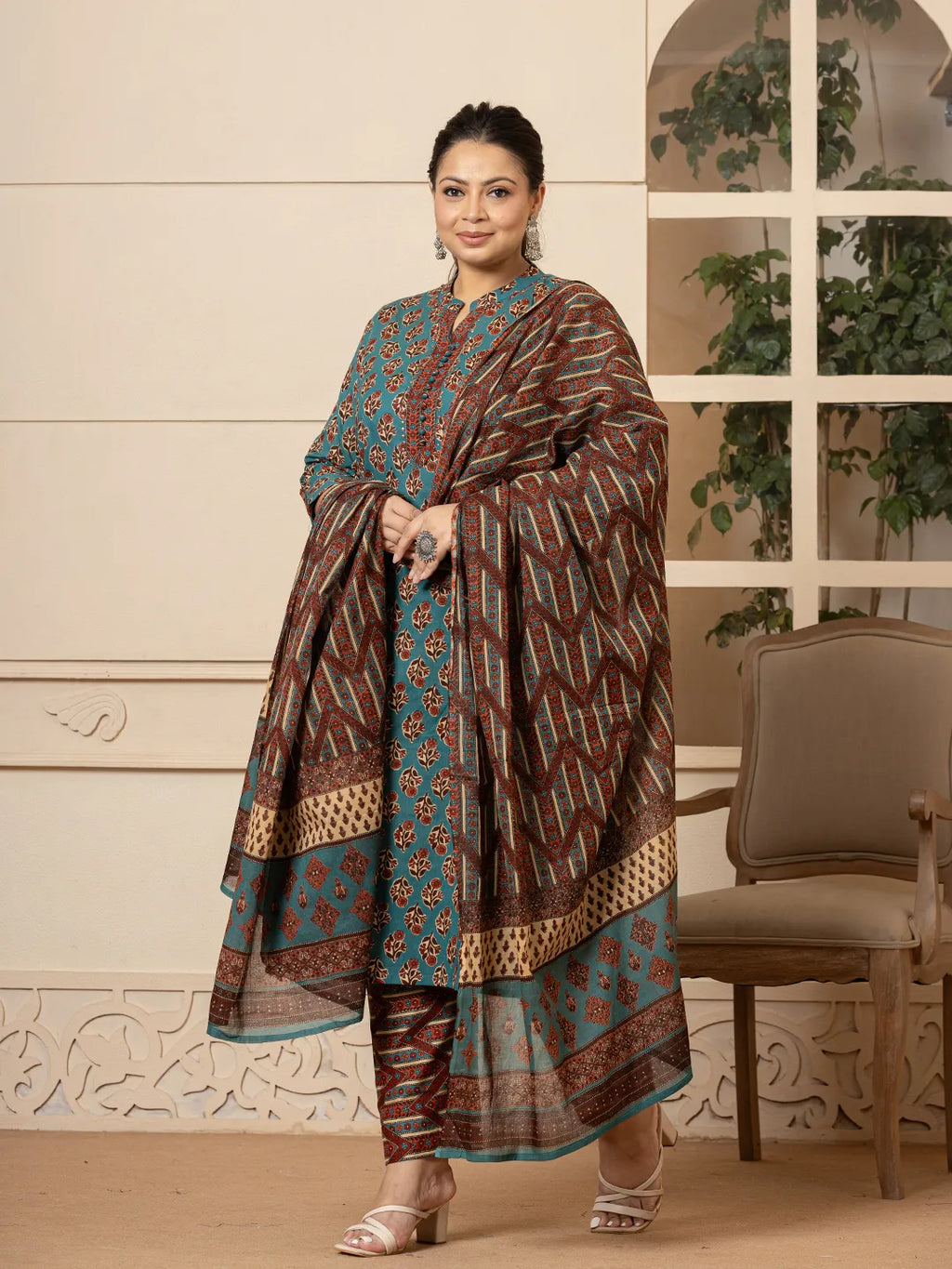 Yufta Floral Print Teal Blue Cotton Plus Size Kurta Set With Dupatta Set | Grocsy
