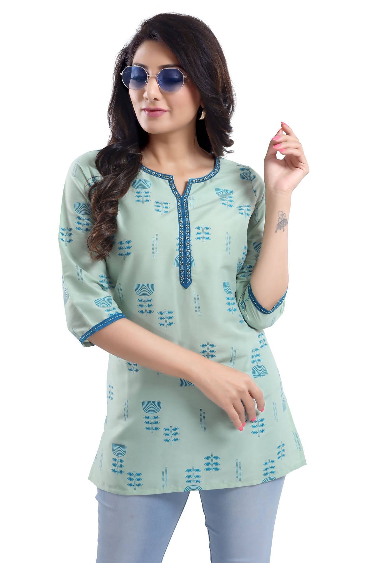 Snehal Creations Luxurious Fine Pista Cotton Silk Short Tunic | Grocsy