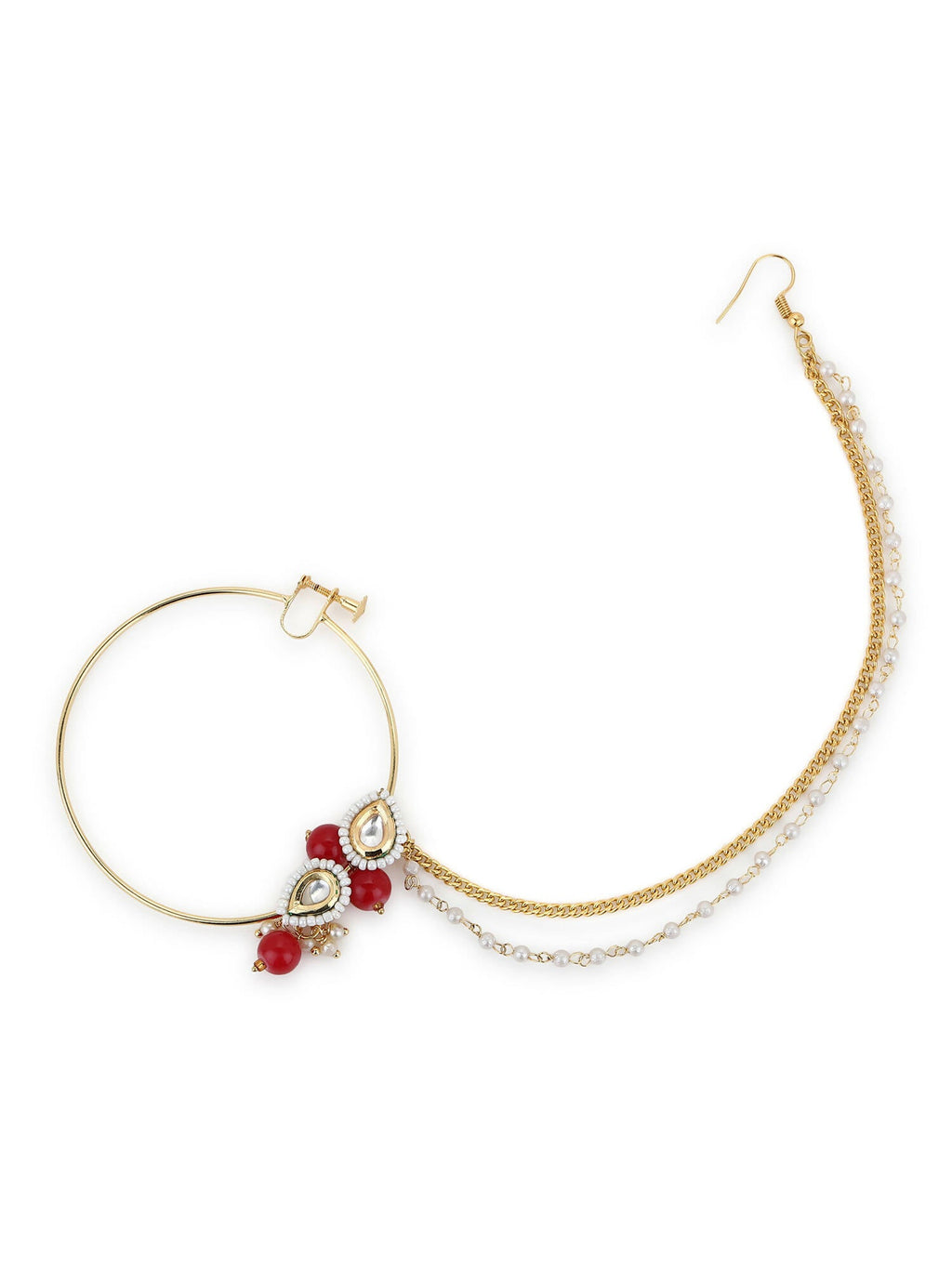 Gold-Pleated Red White Kundan Studded Beaded Nosepin - Ruby Raang | Grocsy
