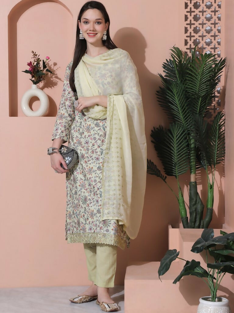 Jyoti Fashion Women's Green Cotton Floral Digital Printed Kurta with Trouser & Dupatta | Grocsy