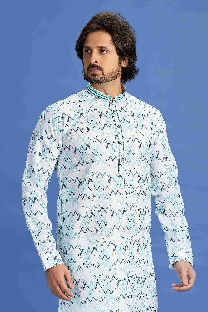 Raivat Ethnic Cotton Embroidery Kurta Pajama In Sky Blue Colour | Grocsy