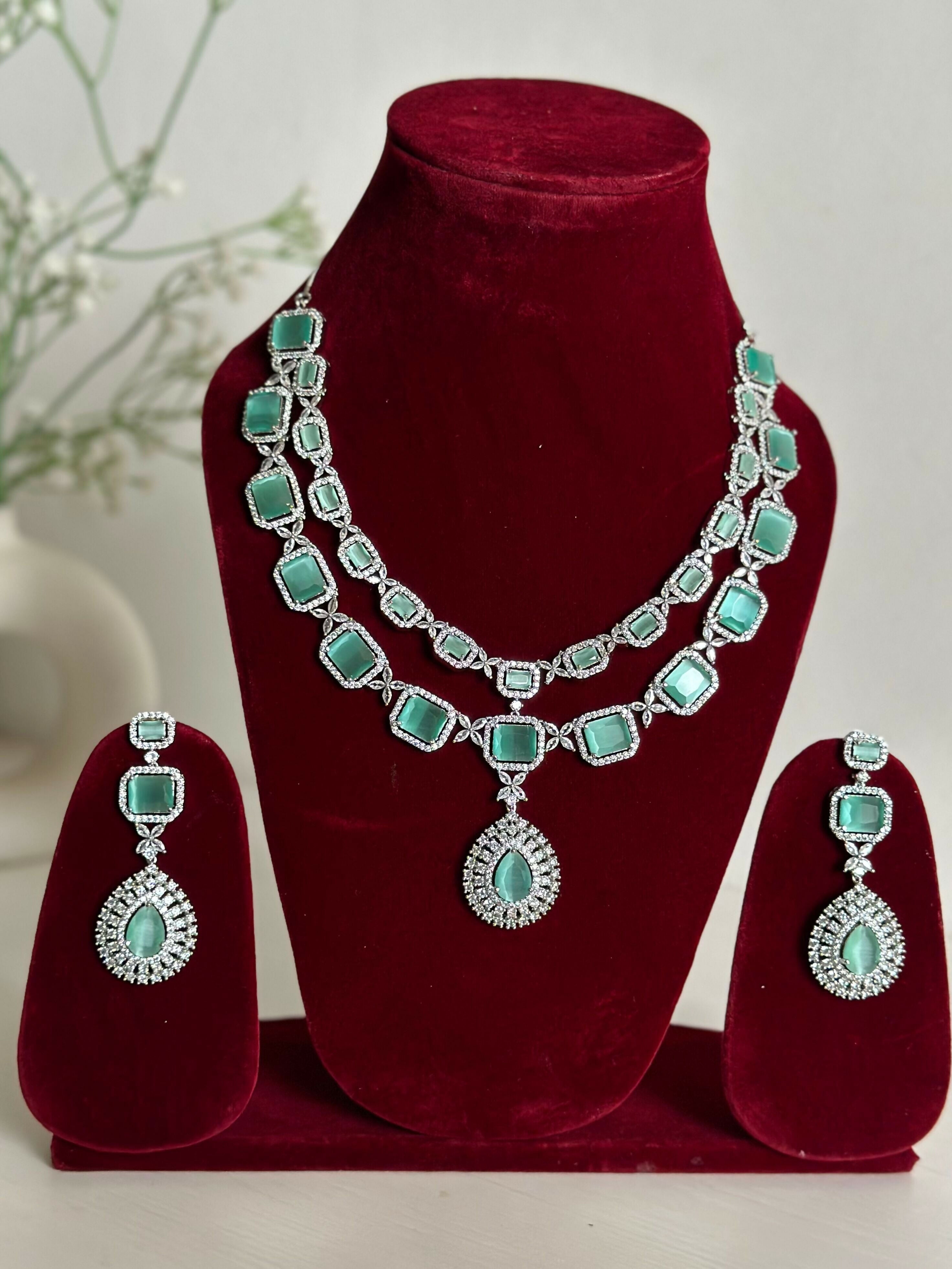 Mint Green American Diamond Two Layer Elegent Necklace Set With Earrings By House of Ree - Swadesiicart