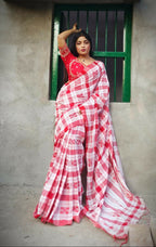 Exclusive Collection Beautiful Check Red Pure Cotton Woven Handloom Saree With Running Blouse Piece | Grocsy