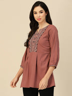 Brown Chinon Floral Embroidered Top - Zeny | Grocsy