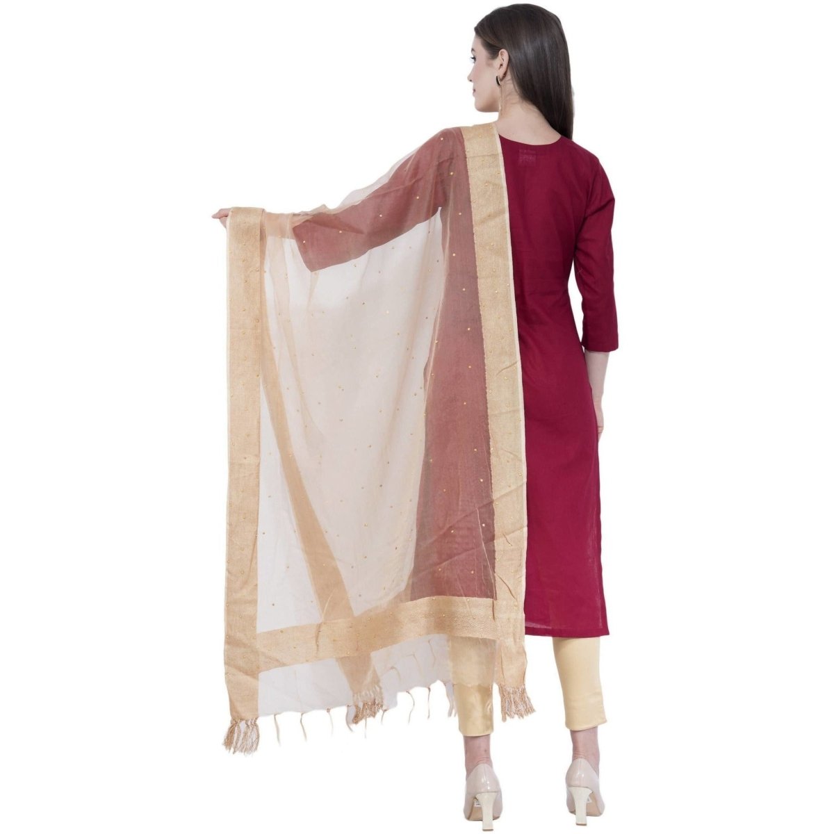 A R Silk Women's Stone Work Orgenza Cotton Golden Dupattas and Chunnis | Grocsy