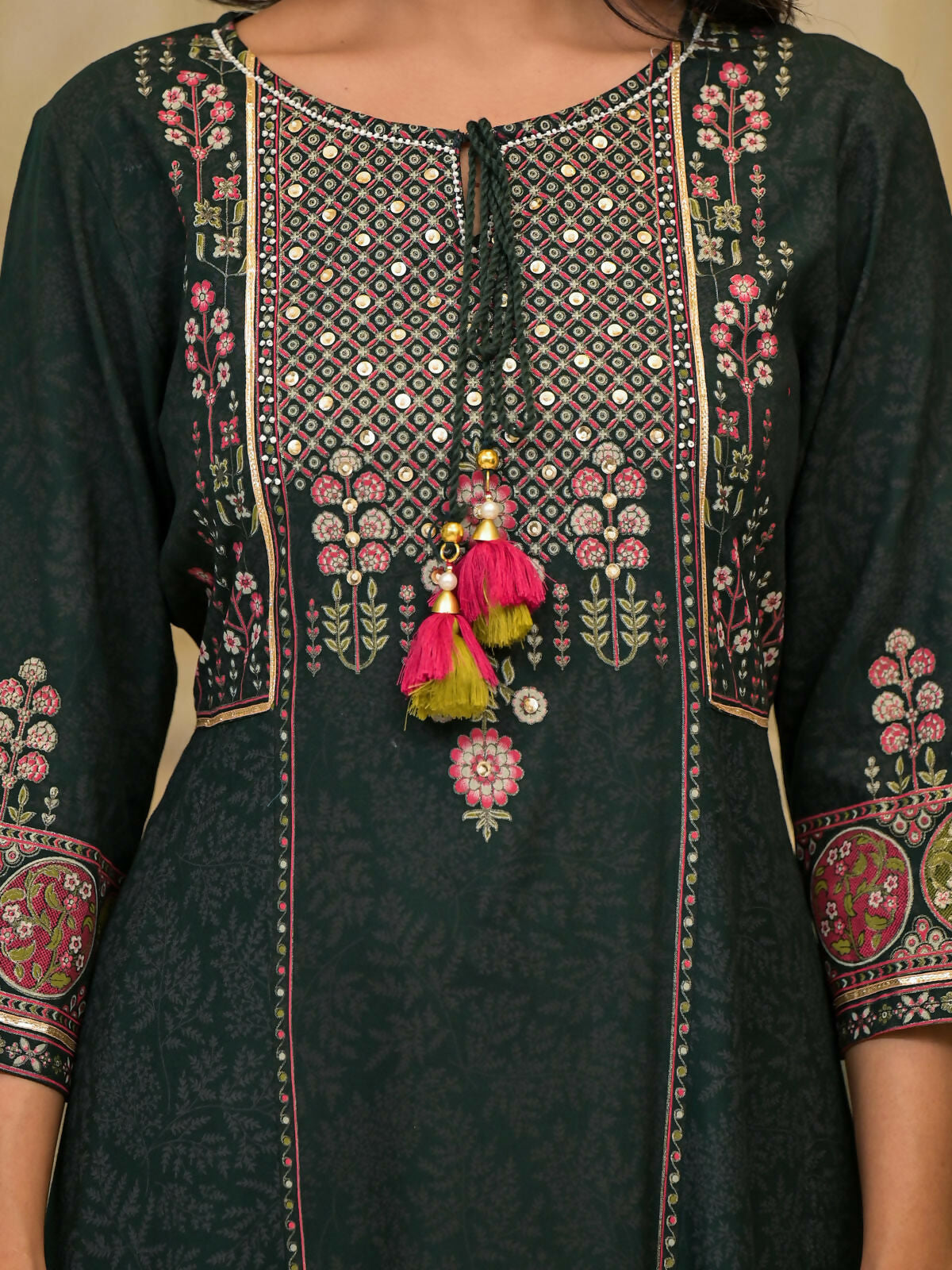 Juniper Women's Green Floral Printed Rayon Kurta Pant With Dupatta Set With Thread Work & Tassels | Grocsy
