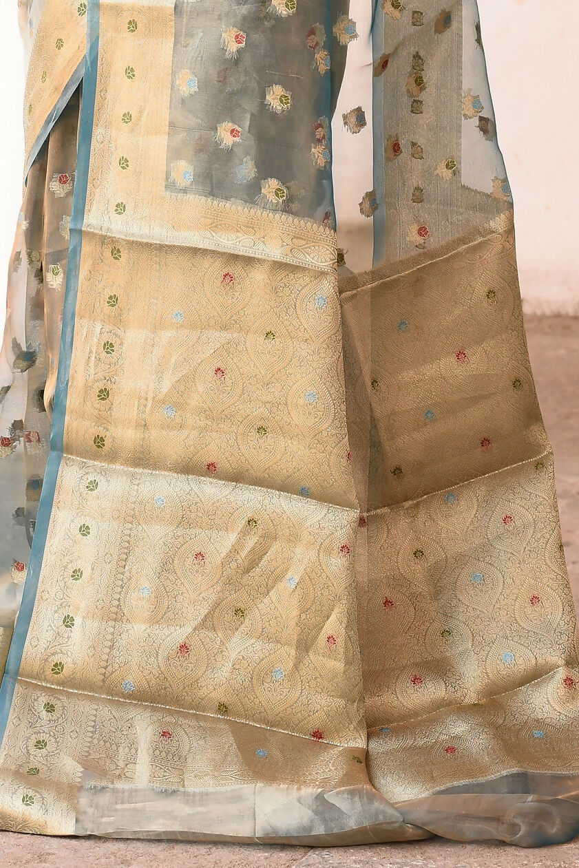 Joban Fashion Grey Pure Banarasi Tissue Saree | Grocsy