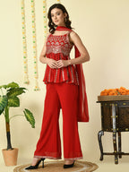 Myshka Women's Red Georgette Top & Palazzos With Dupatta Party Sets | Grocsy