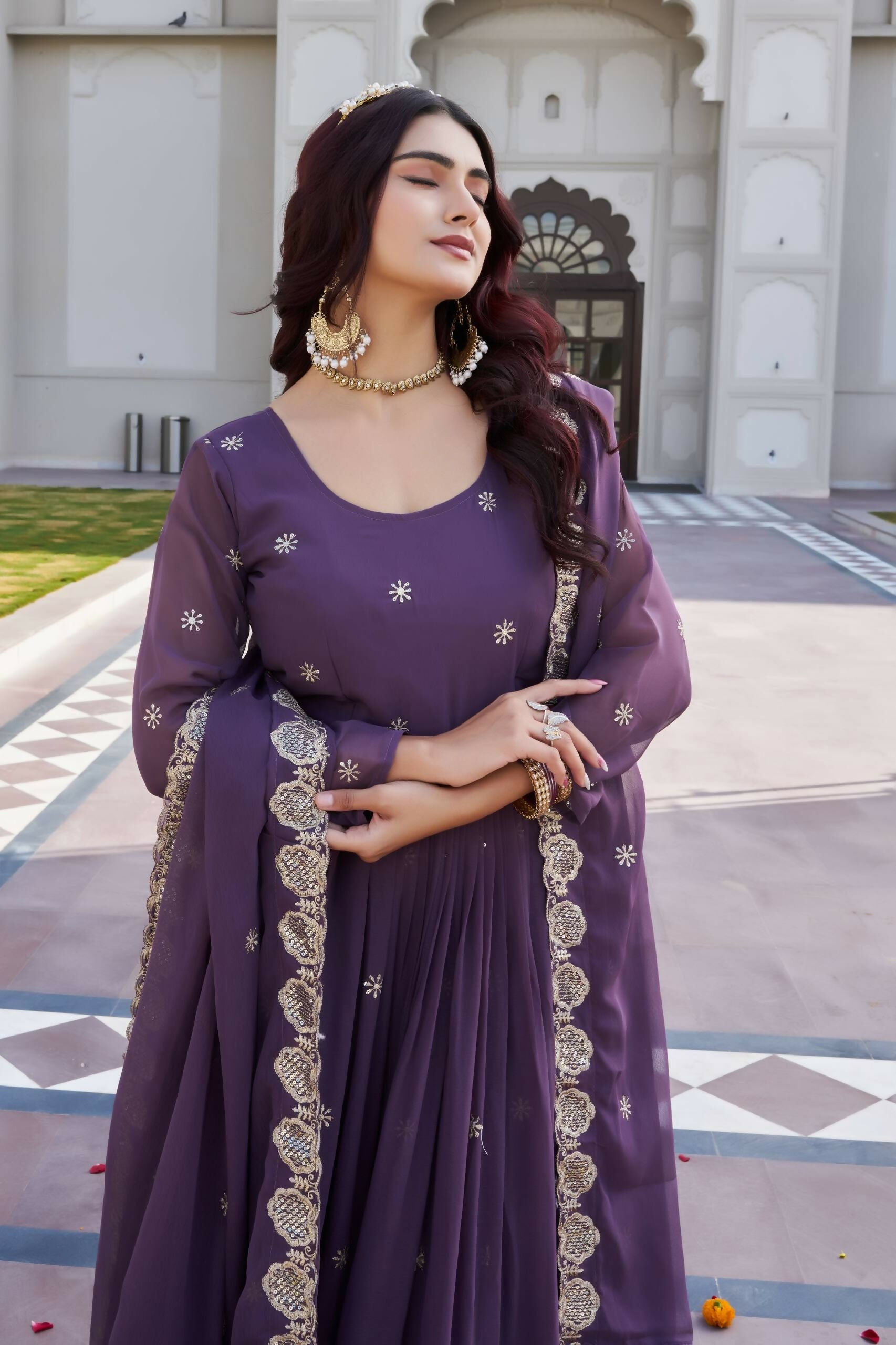 Teeya Creation Womens Wedding Wear Heavy Sequence Embroidery Work Purple Gown Set | Grocsy