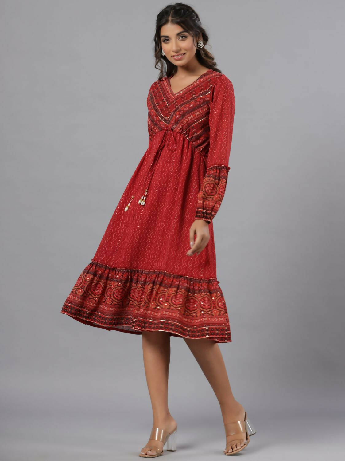 Juniper Women Rust Georgette Printed Midi Dress | Grocsy
