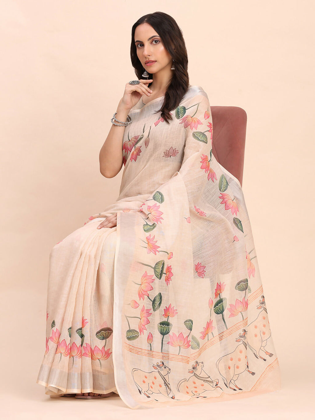 Shree Shyam Fashion Linen Cotton Peach Saree | Grocsy