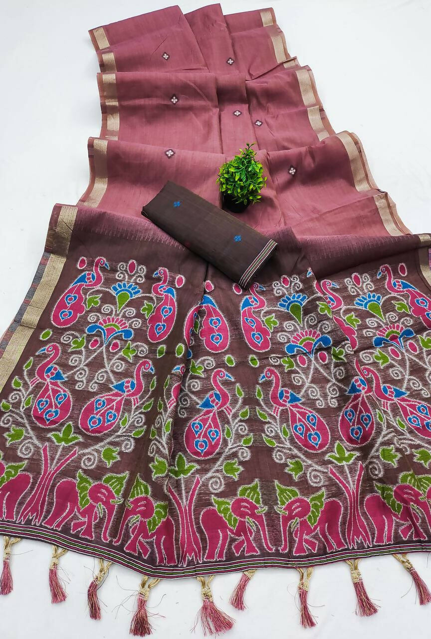 Vastranavya Mauve Muga Cotton Meenakari & Azarakh Pallu Saree with Contrast Blouse | Grocsy