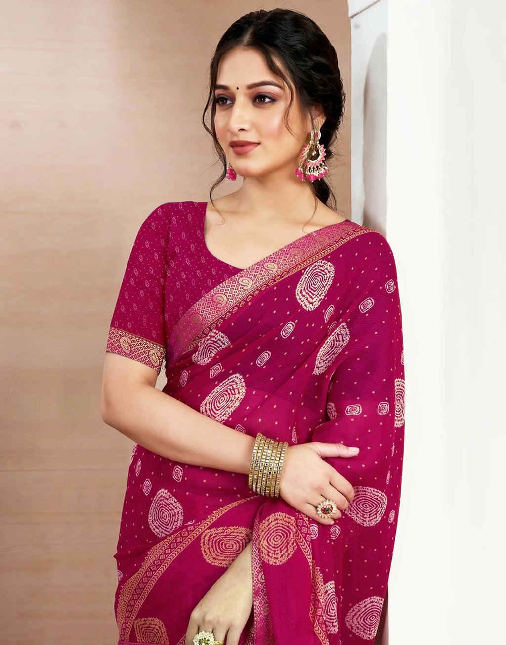 Joban Fashion Chiffon Printed Rani Pink Color Saree | Grocsy