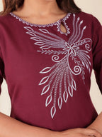 Aramya Maroon Linen Cotton Solid Print Straight Kurta Set for Women | Grocsy