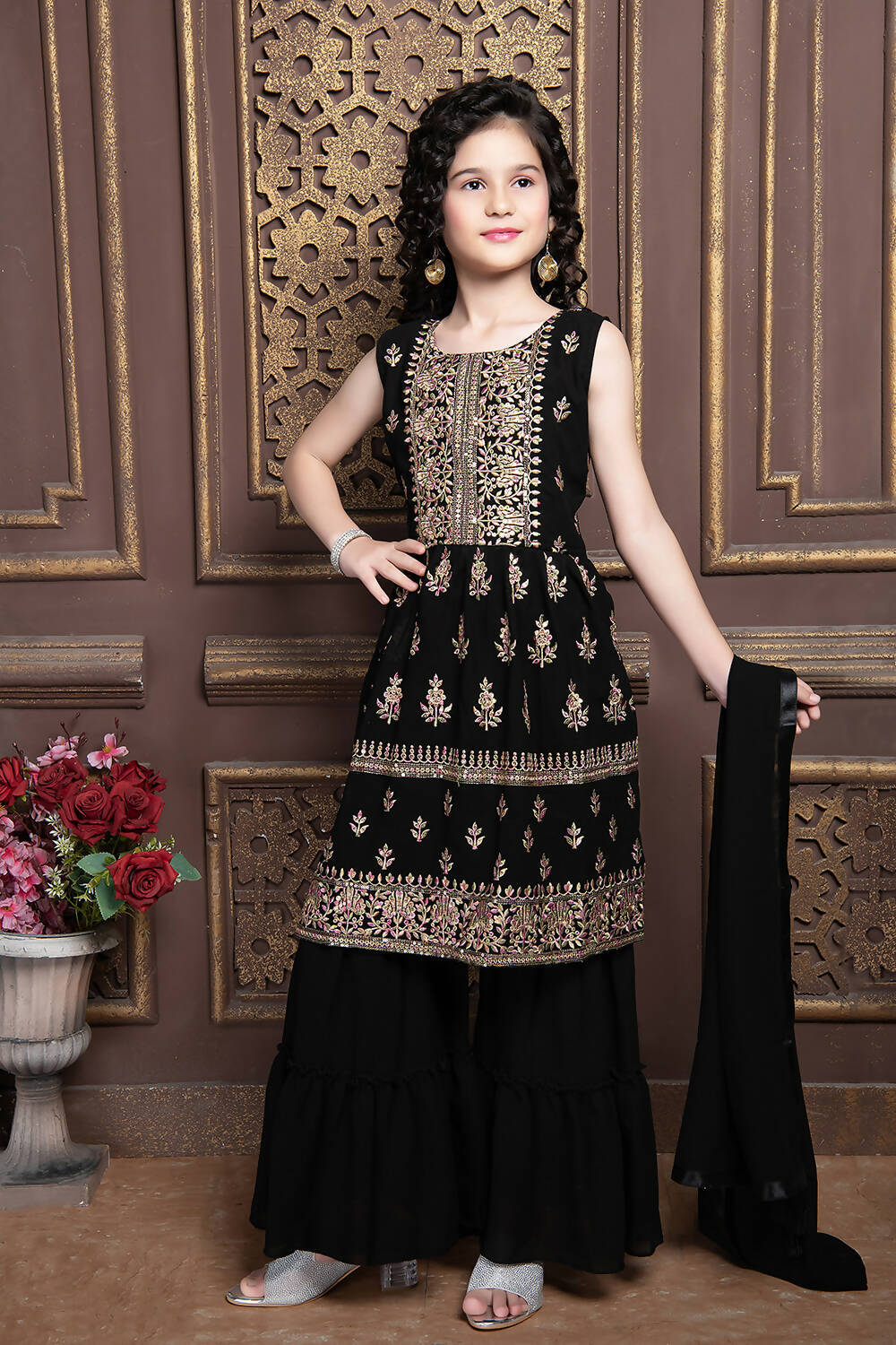 Kids Functional Designer Black Georgette Sharara Suit - Aaradhna | Grocsy