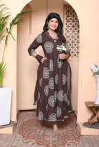 Miravan Womens Brown Animal Printed Anarkali Kurta With Dupatta Set | Grocsy