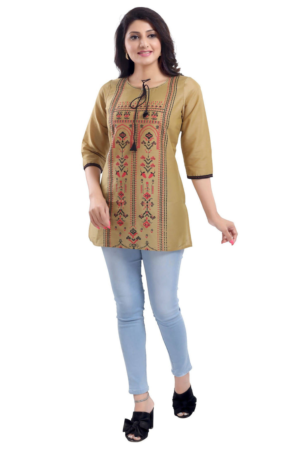 Snehal Creations Luxurious Fine Gold Cotton Silk Short Tunic Top | Grocsy