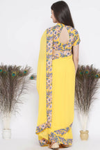 Little Bansi Floral Print Ready To Wear Saree And Floral Blouse - Yellow | Grocsy