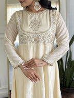 The52 CreamWomen's Gorgeous Embroidered Vichitra Silk Fabric Flared Kurta Pant with Dupatta Set | Grocsy