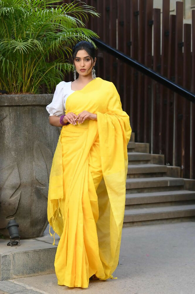 Beatitude Yellow Cotton Ghicha Pallu Saree | Grocsy