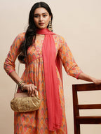 Orange Pure Cotton Bandhani Printed Naira Cut Kurta And Bottom With Dupatta - Akashara | Grocsy