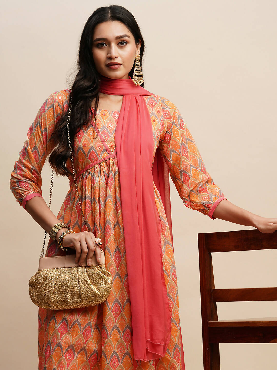 Orange Pure Cotton Bandhani Printed Naira Cut Kurta And Bottom With Dupatta - Akashara | Grocsy