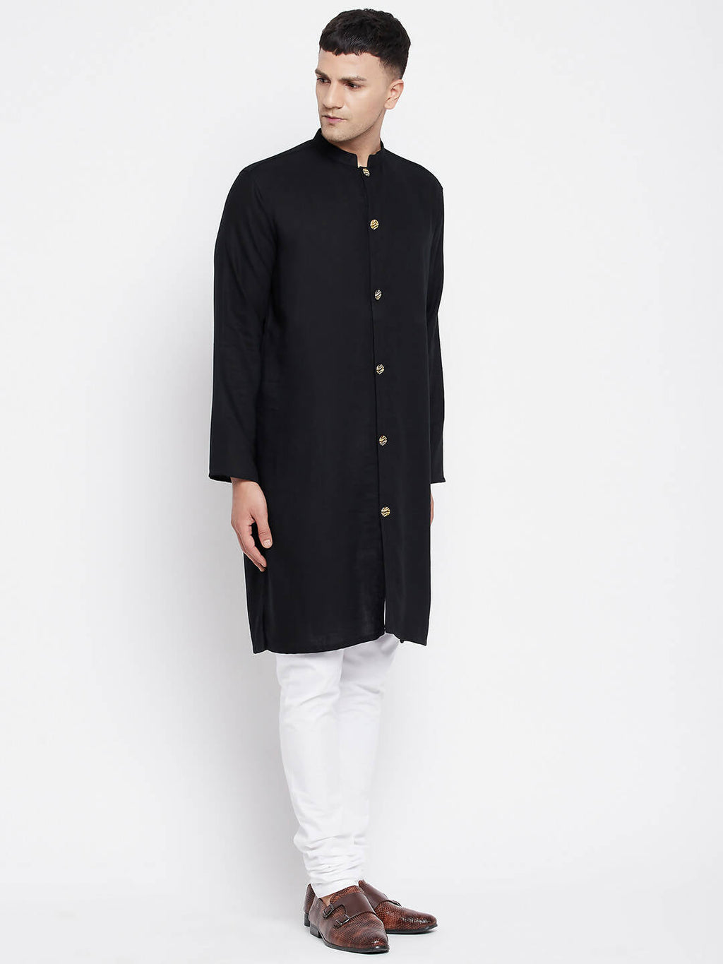 Even Apparels Black Pure Cotton Men's Sherwani Kurta With Open Front | Grocsy