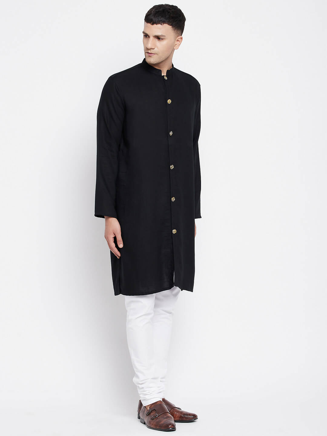 Even Apparels Black Pure Cotton Men's Sherwani Kurta With Open Front | Grocsy