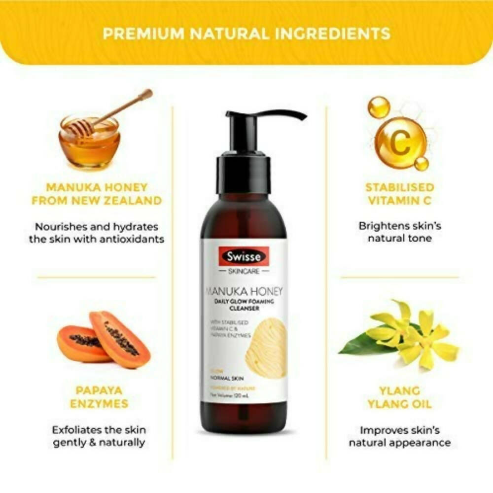 Swisse Skincare Manuka Honey Daily Glow Foaming Cleanser Face Wash with Vitamin C & Papaya Enzymes | Grocsy
