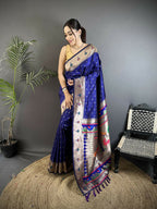 Joban Fashion Royal Blue Peacock & Floral Motifs Soft Lichi Silk Kanchipuram Saree | Grocsy