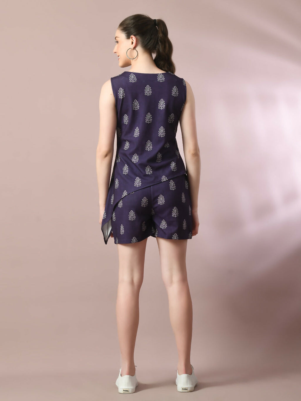 Myshka Women's Blue Printed Round Neck Party Top With Shorts Co-ord set | Grocsy