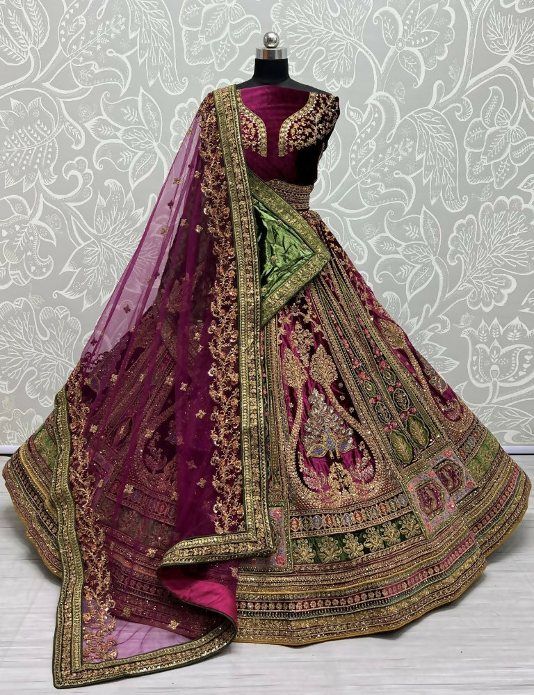 Jyoti Fashion Women's Purple Velvet Fancy Patch, Multi Thread Embroidered, Zircon Diamond, Sequins Work Wedding Lehenga Choli | Grocsy