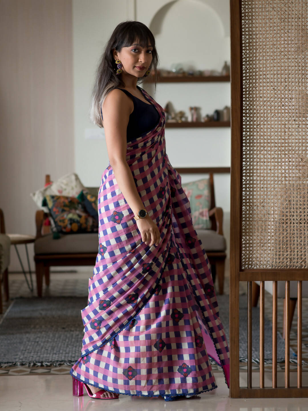 Suta Multi Color Checked Pure Cotton Saree | Grocsy