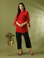 Myshka Women's Red Solid Georgette Longline Party Sheer Tunic | Grocsy