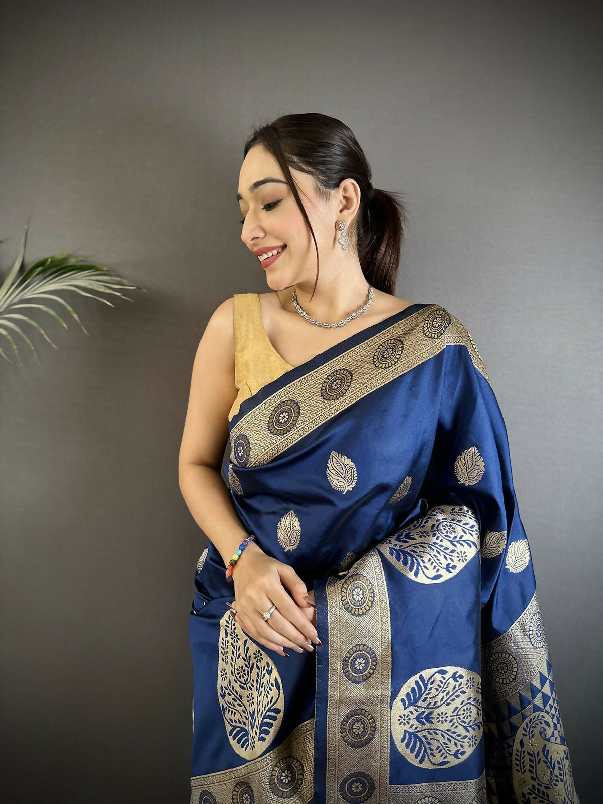 Joban Fashion Navy Blue Paisley Soft Silk Banarasi Saree | Grocsy