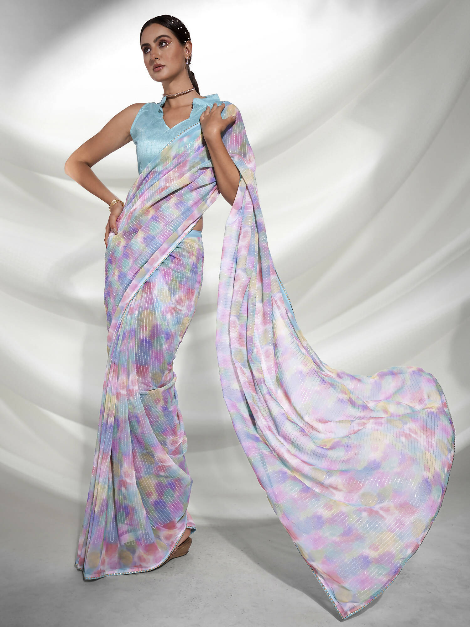 Blue Georgette Sequence Embroidery Saree With Unstitched Blouse Piece - Rajal | Grocsy