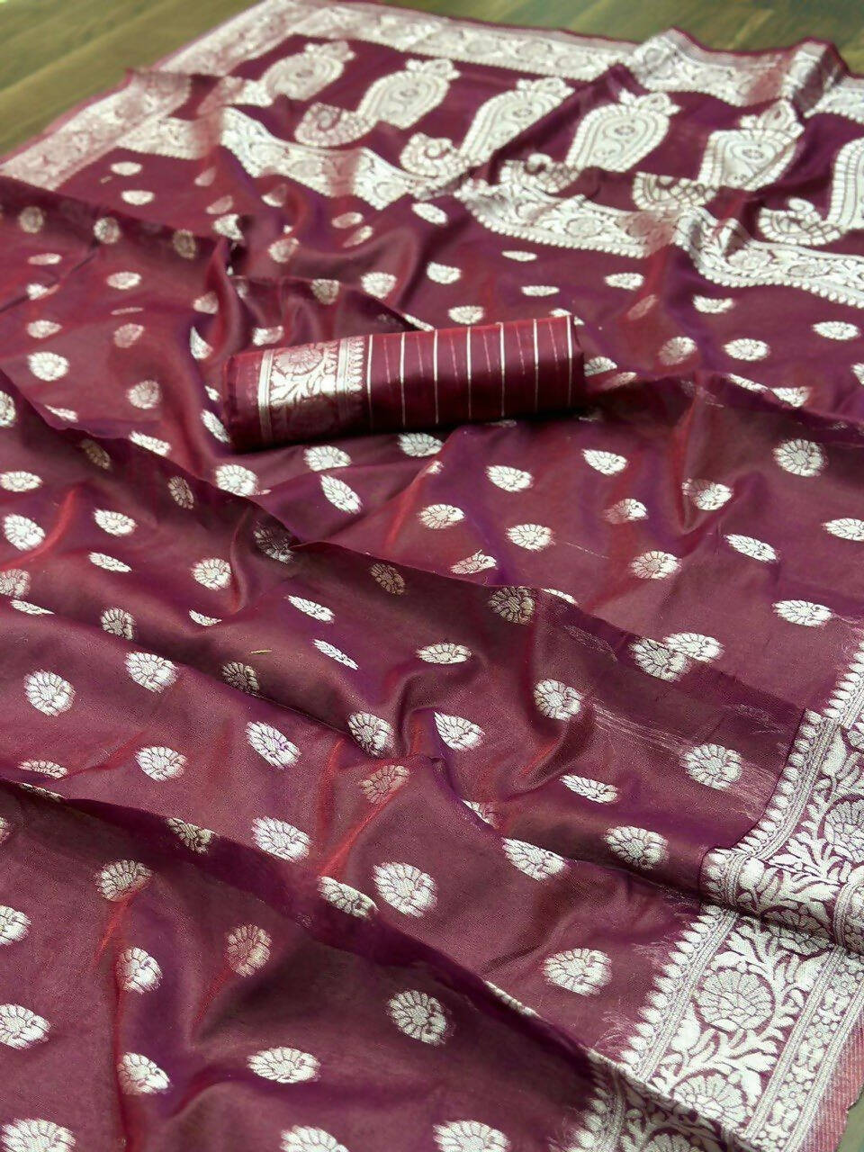 DEIANA'S Beautiful Designer Golden zari Soft Cotton Saree - Wine | Grocsy