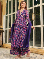 Janasya Purple Georgette Floral Kurta,Bottom & Dupatta | Grocsy