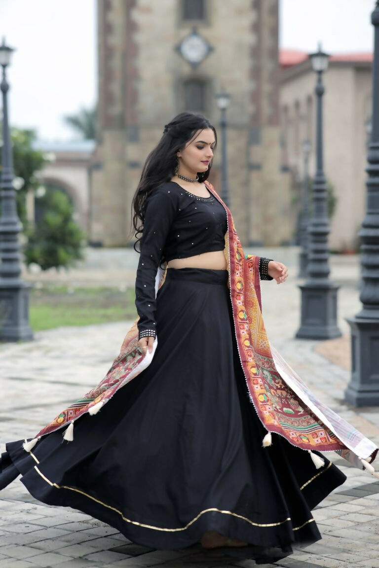 Vastranavya Navaratri Collection Gotta Patti Work & Blouse With Real Mirror Work Lehenga Choli - Black | Grocsy