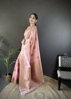 Joban Fashion Peach Floral & Paisley Linen Silk Banarasi Saree | Grocsy