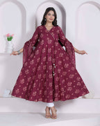Miravan Womens Maroon Floral Printed Angrakha Pure Cotton Kurta And Dupatta | Grocsy
