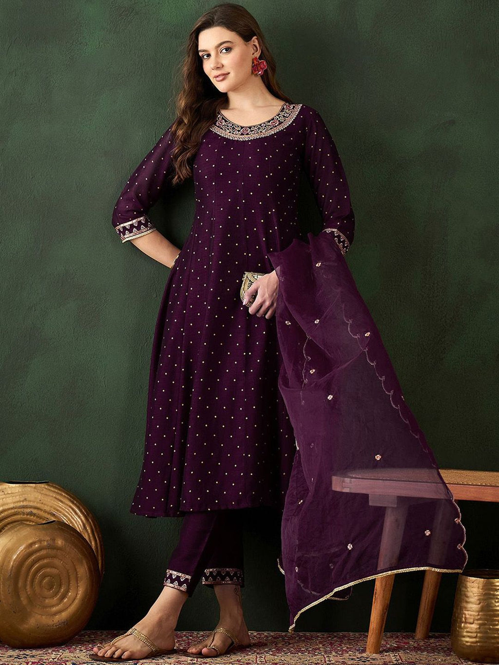 Sangria Floral Embroidered Kurta with Trouser & Dupatta | Grocsy