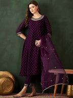 Sangria Floral Embroidered Kurta with Trouser & Dupatta | Grocsy