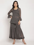 Ahalyaa Women Charcoal Grey Poly Chiffon Angrakha Kurta with Inner & Sharara | Grocsy