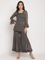Ahalyaa Women Charcoal Grey Poly Chiffon Angrakha Kurta with Inner & Sharara | Grocsy