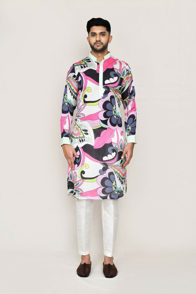 Joban Fashion Printed Colored Satin Silk Fabric Kurta With Straight Fit Pant | Grocsy