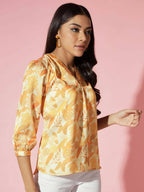 Myshka Women Mustard Floral V-Neck Regular Sleeves Polyester Top | Grocsy
