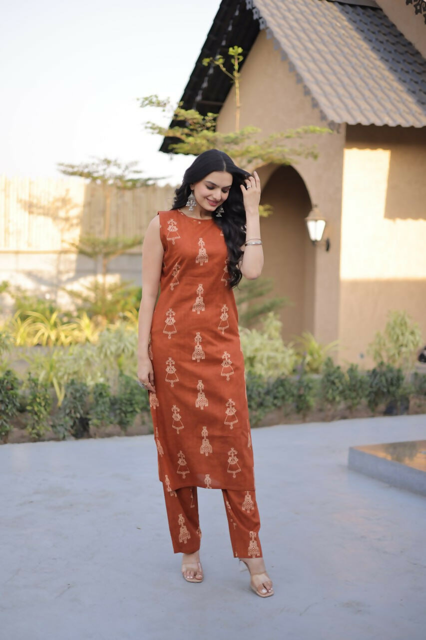 Teeya Creation Womens New Trendy Summer War Printed Cotton Gown Set-Orange | Grocsy