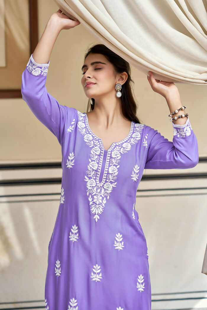 The52 Lavender Women's Gorgeous Chikankari work Pure Rayon Fabric Straight Kurta, Pant Set | Grocsy